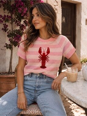 Belldini Pink Striped Short-Sleeve Sweater with Red Lobster Graphic
